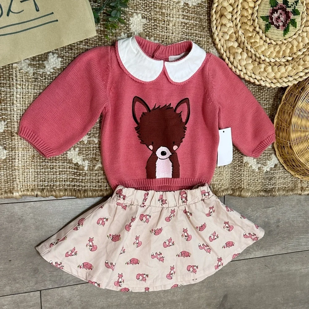 New Jaclyn Smith Baby Girl Pink Fox Sweater & Skirt Set Size 0-3 Months